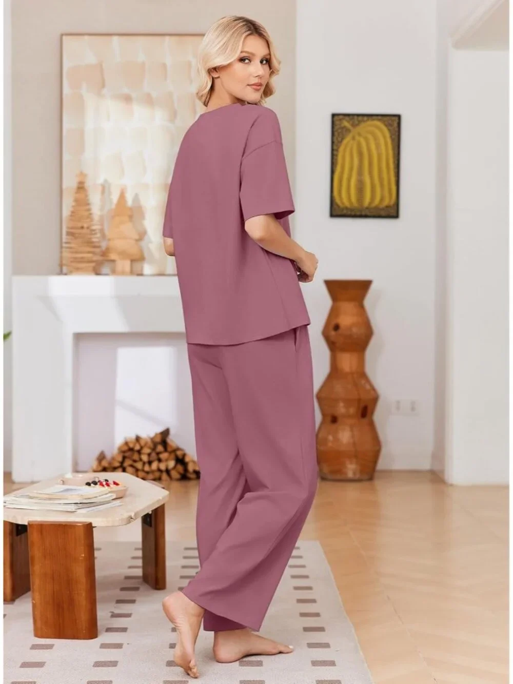 Women's Purple Red Cotton Short Sleeve Sleepwear Pant Pockets Pajama Set